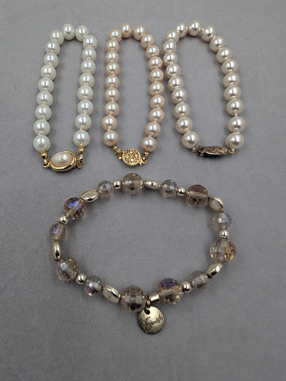 4Pc Designer Bracelet Stack Erimish Champagne Crystal & Pearl Lot 0717